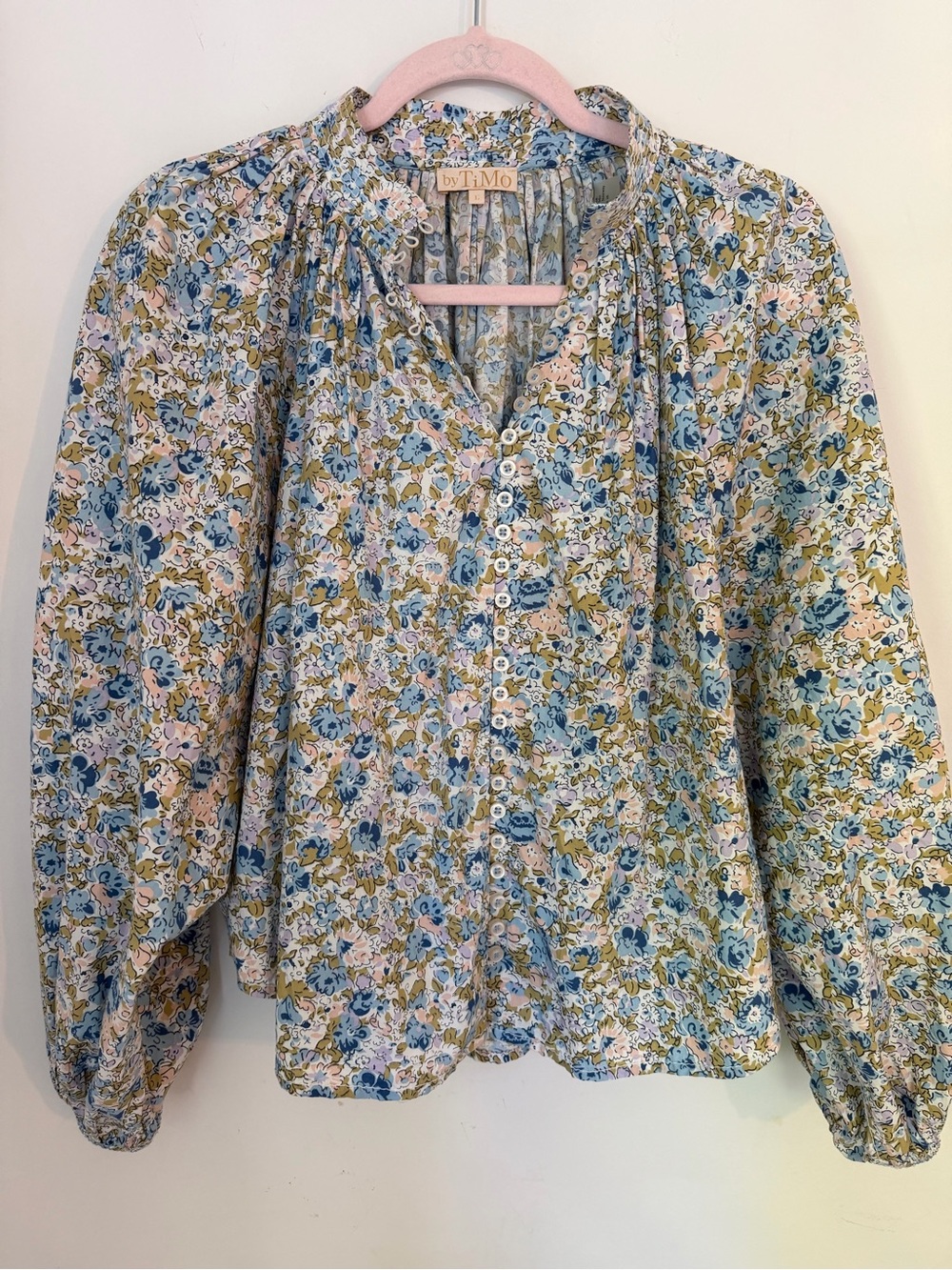 by TiMo Floral 100% Cotton Button Front Blouse Balloon Sleeve Size L